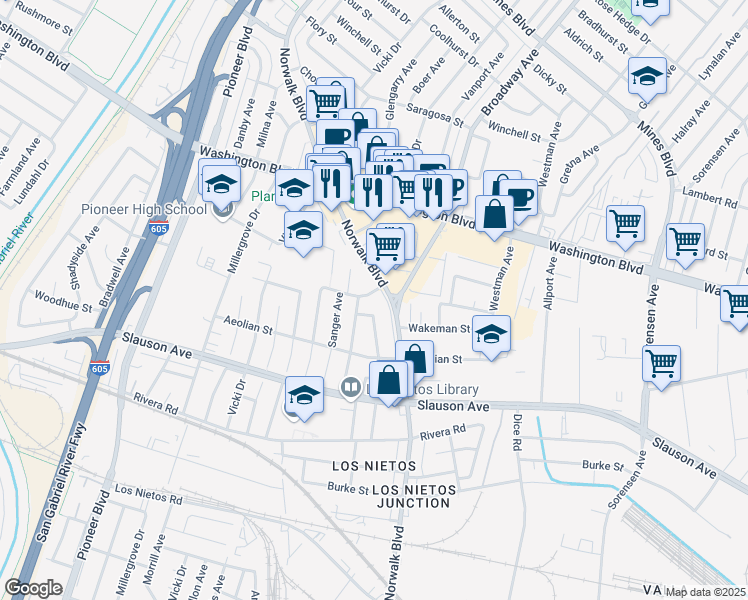 map of restaurants, bars, coffee shops, grocery stores, and more near 11330 Waddell Street in Whittier