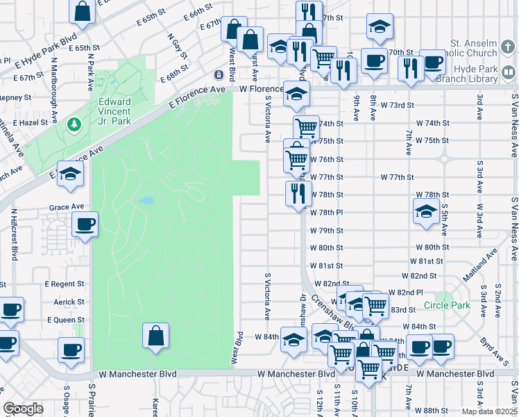 map of restaurants, bars, coffee shops, grocery stores, and more near 3505 West 78th Street in Inglewood