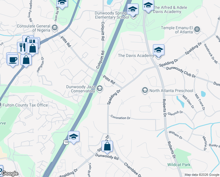 map of restaurants, bars, coffee shops, grocery stores, and more near 7775 Stratford Lane in Sandy Springs