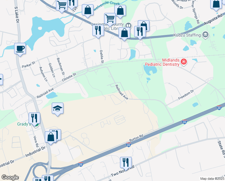map of restaurants, bars, coffee shops, grocery stores, and more near 344 Railroad Avenue in Lexington