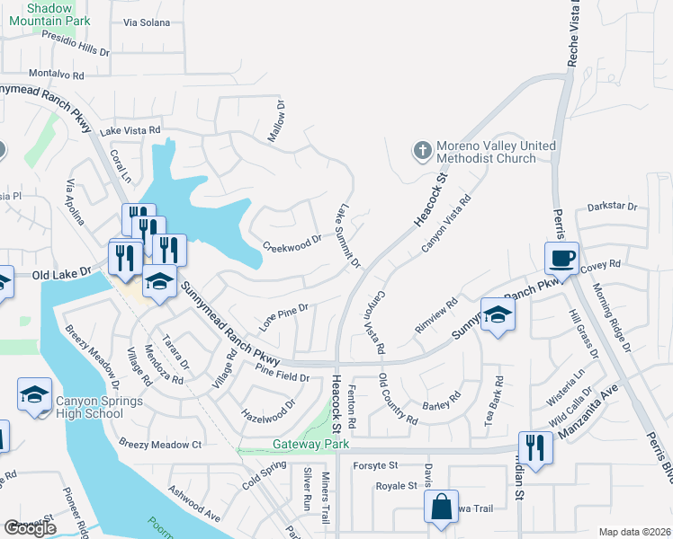 map of restaurants, bars, coffee shops, grocery stores, and more near 23988 Blue Ridge Place in Moreno Valley
