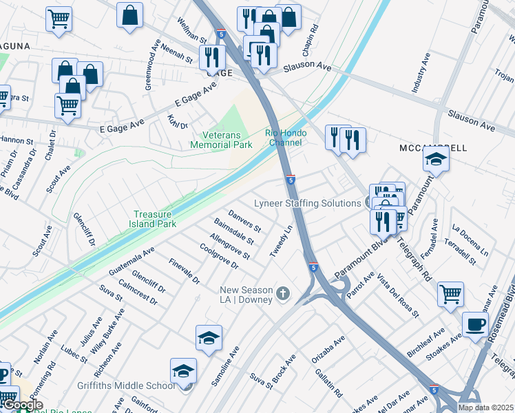 map of restaurants, bars, coffee shops, grocery stores, and more near 8704 Guatemala Avenue in Downey
