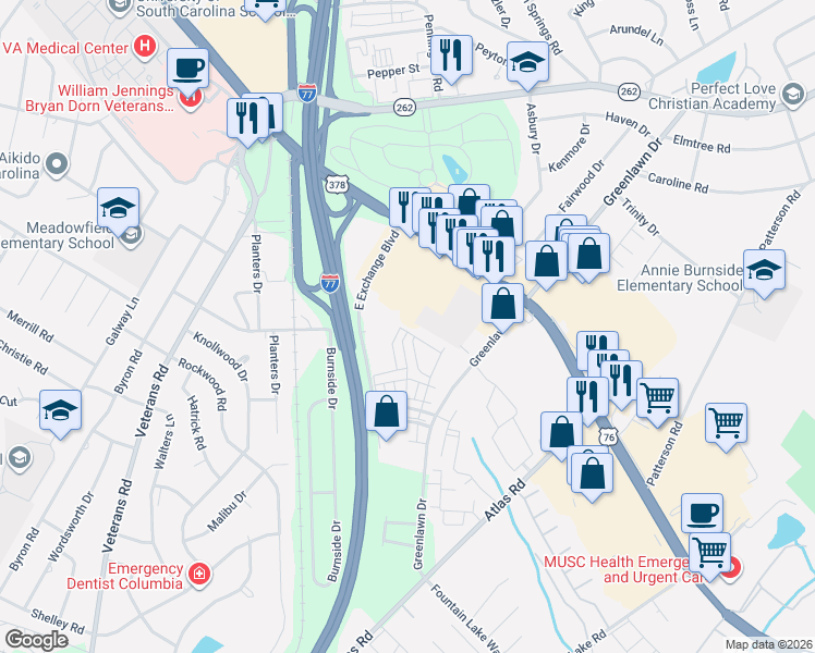 map of restaurants, bars, coffee shops, grocery stores, and more near 7333 Garners Ferry Road in Columbia