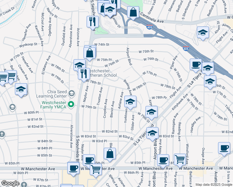 map of restaurants, bars, coffee shops, grocery stores, and more near 7802 Bleriot Avenue in Los Angeles