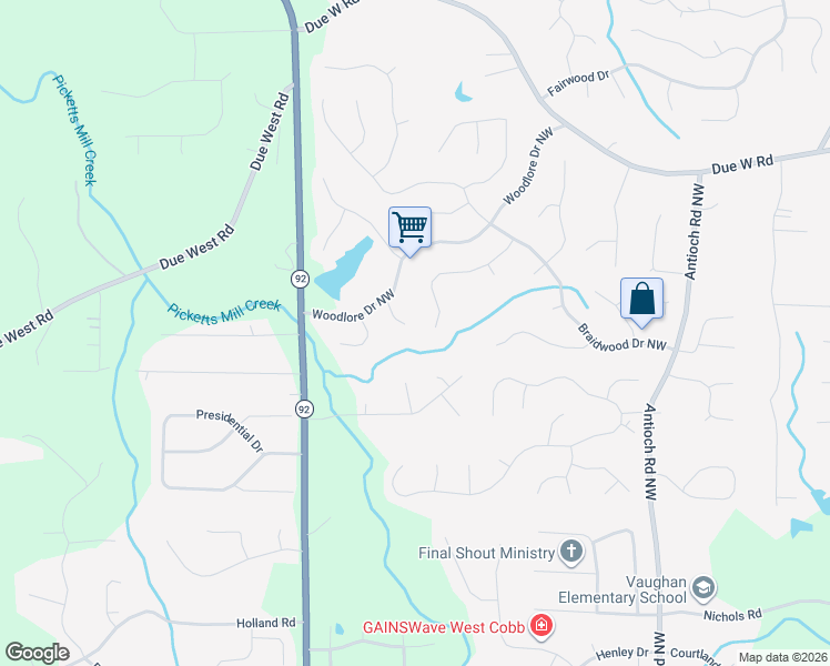 map of restaurants, bars, coffee shops, grocery stores, and more near 504 Broadstone Lane Northwest in Acworth