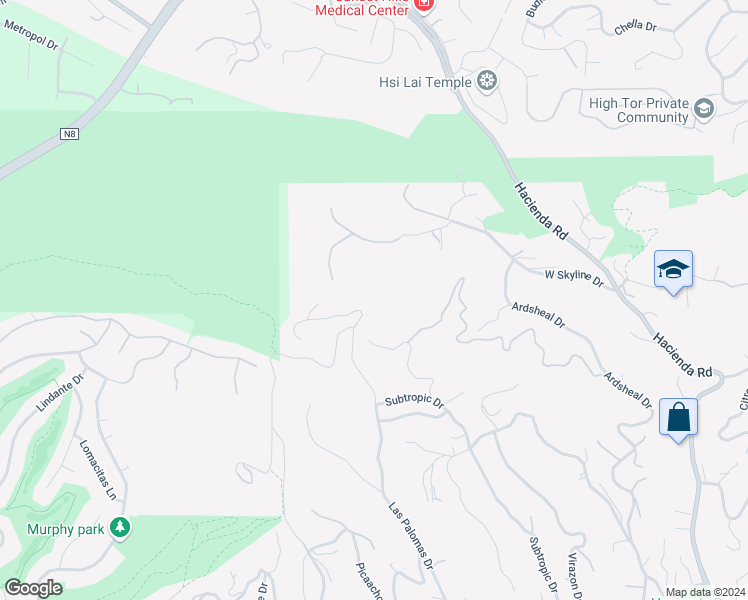 map of restaurants, bars, coffee shops, grocery stores, and more near 2368 Lupin Hill Road in La Habra Heights