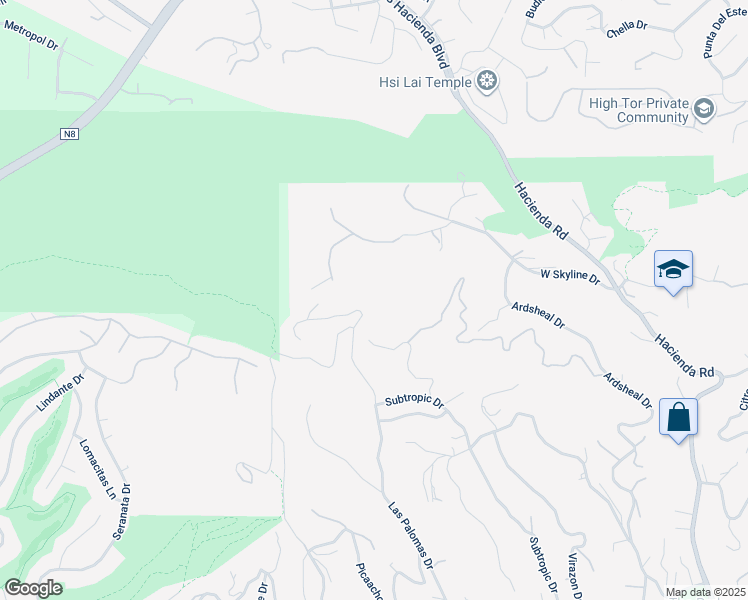 map of restaurants, bars, coffee shops, grocery stores, and more near 2368 Lupin Hill Road in La Habra Heights