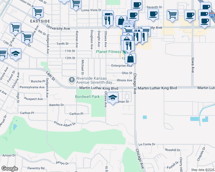 map of restaurants, bars, coffee shops, grocery stores, and more near 1895 Martin Luther King Boulevard in Riverside