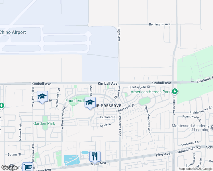 map of restaurants, bars, coffee shops, grocery stores, and more near 8410 Edgewood Street in Chino