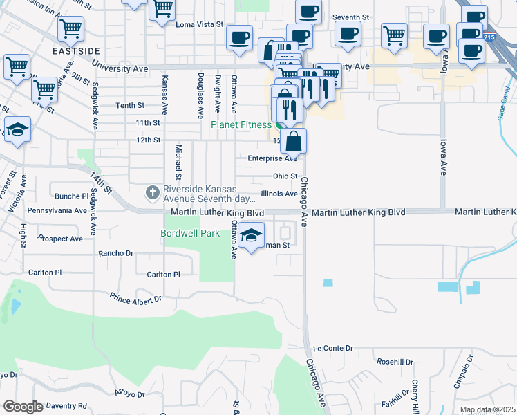 map of restaurants, bars, coffee shops, grocery stores, and more near 1835 Martin Luther King Boulevard in Riverside