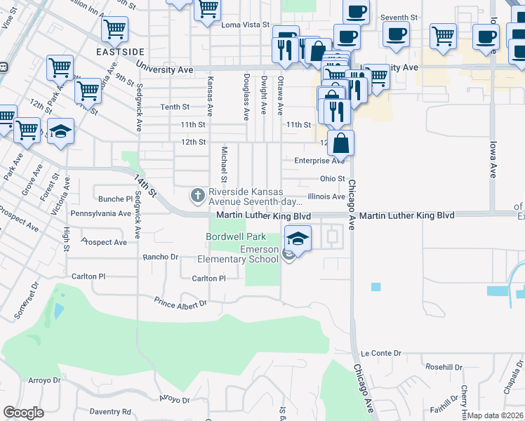 map of restaurants, bars, coffee shops, grocery stores, and more near 4455 Dwight Avenue in Riverside