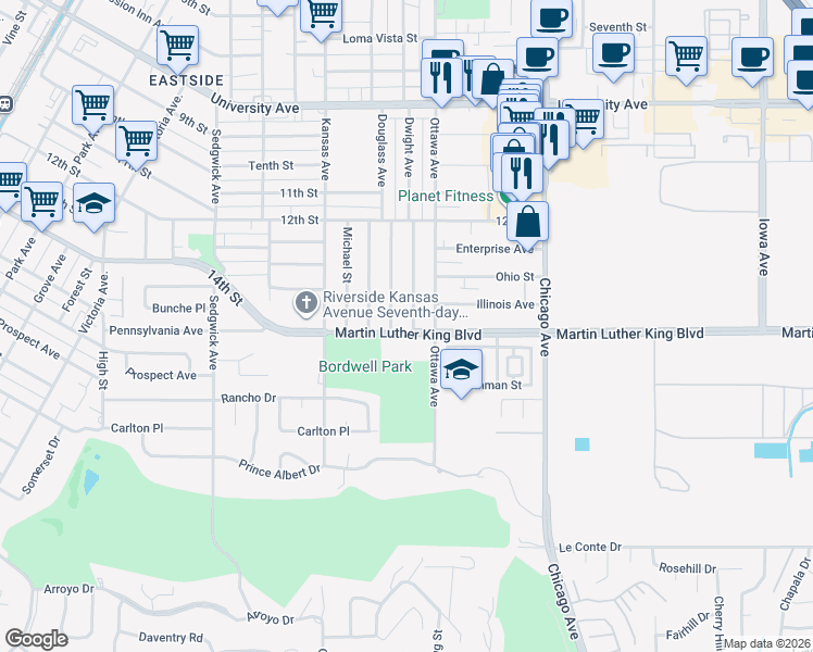 map of restaurants, bars, coffee shops, grocery stores, and more near 4485 Dwight Avenue in Riverside