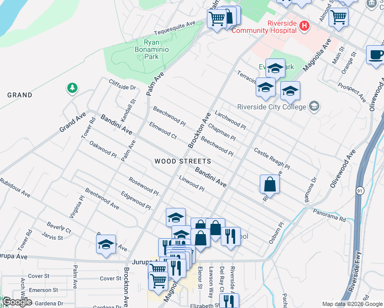 map of restaurants, bars, coffee shops, grocery stores, and more near 5291 Brockton Avenue in Riverside