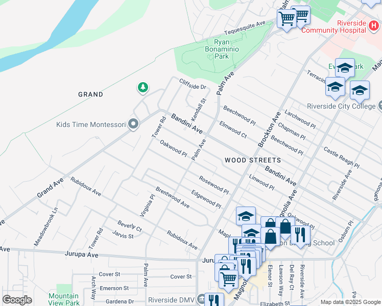 map of restaurants, bars, coffee shops, grocery stores, and more near 4580 Linwood Place in Riverside