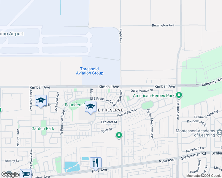 map of restaurants, bars, coffee shops, grocery stores, and more near 8410 Edgewood Street in Chino