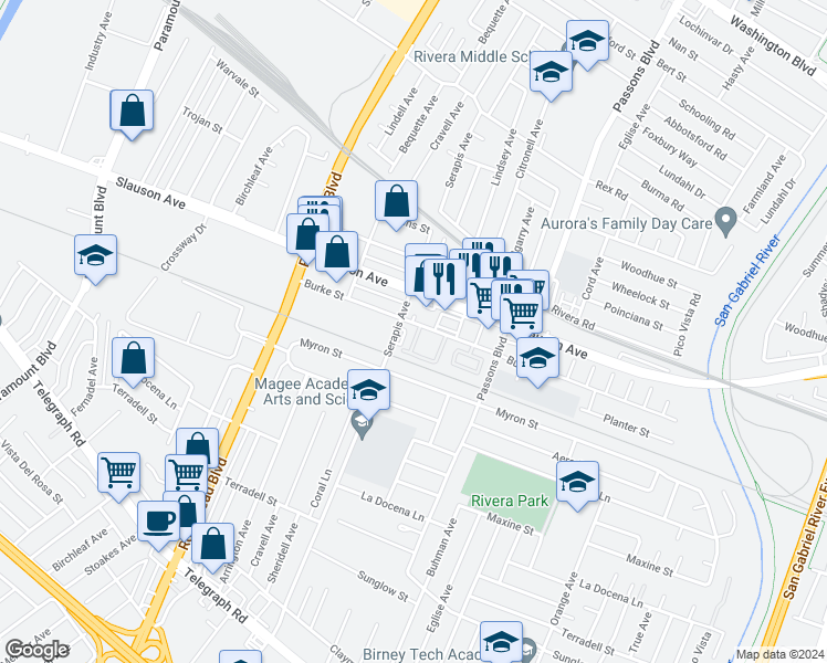 map of restaurants, bars, coffee shops, grocery stores, and more near 7828 Serapis Avenue in Pico Rivera