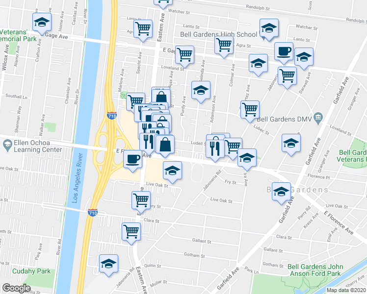 map of restaurants, bars, coffee shops, grocery stores, and more near 5859 Ludell Street in Bell Gardens
