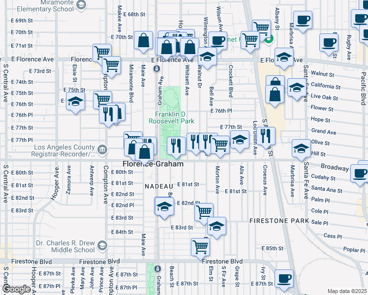 map of restaurants, bars, coffee shops, grocery stores, and more near 7726 Whitsett Avenue in Los Angeles