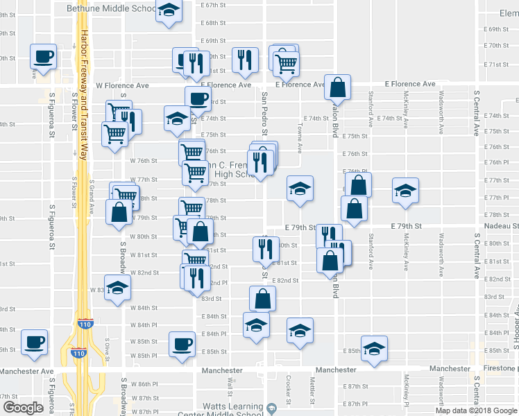 map of restaurants, bars, coffee shops, grocery stores, and more near 239 East 78th Street in Los Angeles