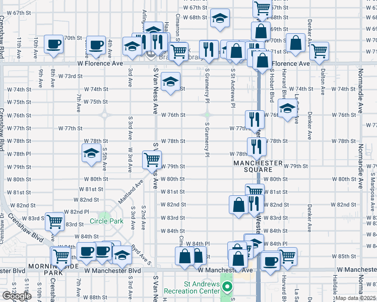 map of restaurants, bars, coffee shops, grocery stores, and more near 2058 West 78th Street in Los Angeles