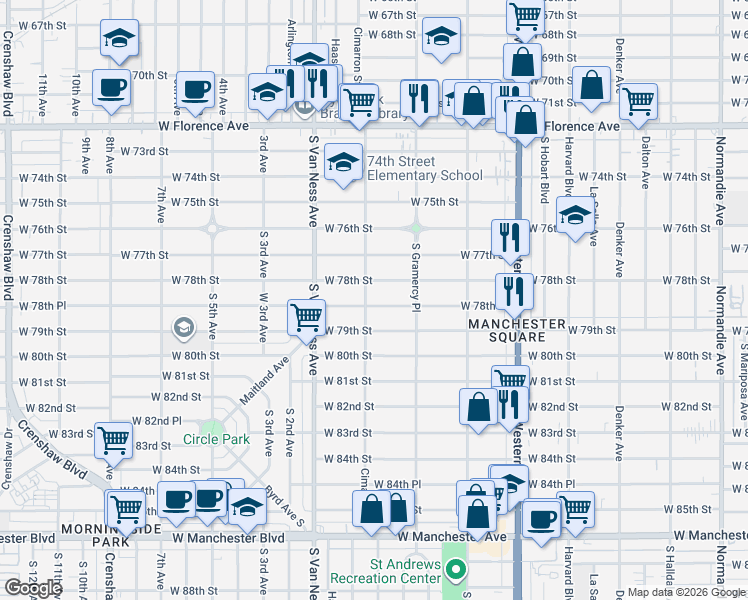 map of restaurants, bars, coffee shops, grocery stores, and more near 2058 West 78th Street in Los Angeles