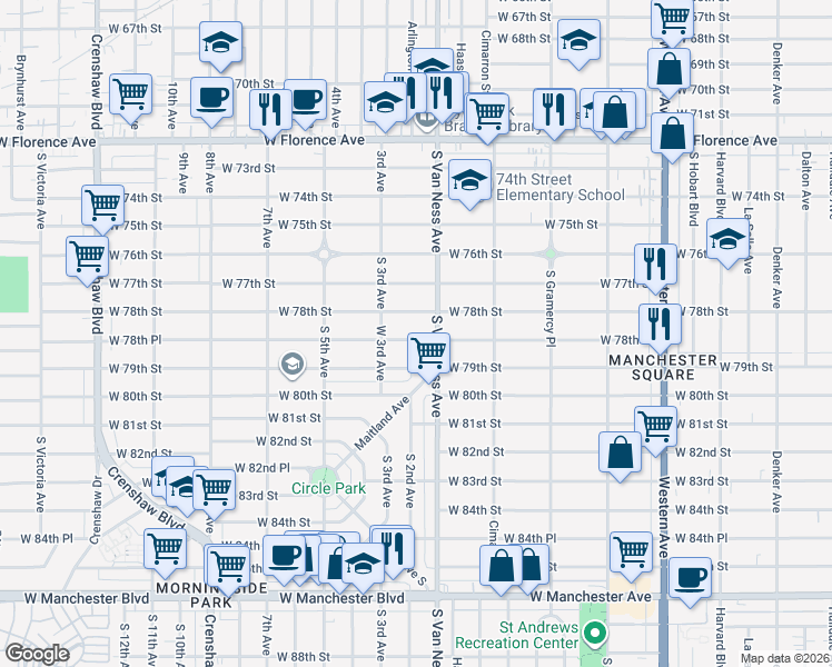 map of restaurants, bars, coffee shops, grocery stores, and more near 2216 West 78th Street in Inglewood