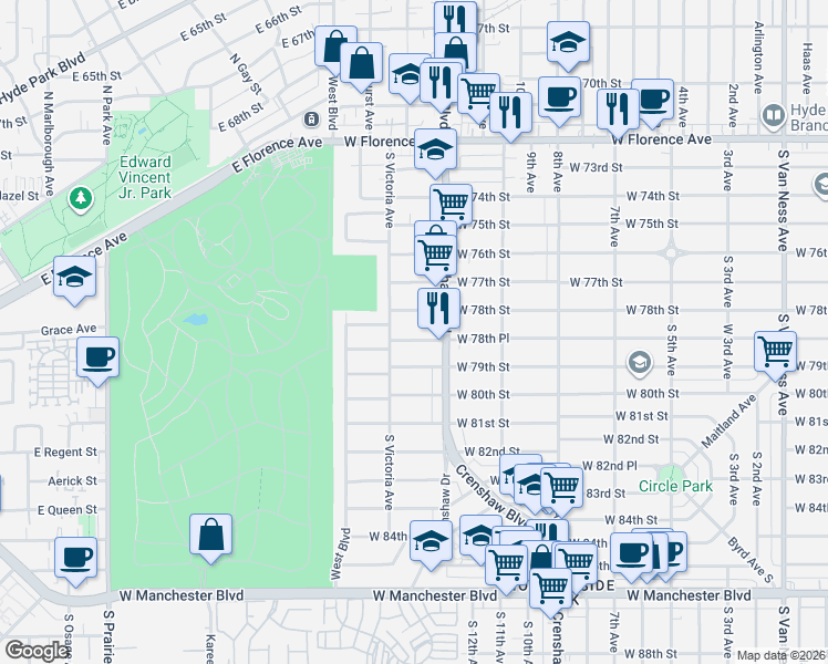 map of restaurants, bars, coffee shops, grocery stores, and more near 3426 West 78th Street in Los Angeles