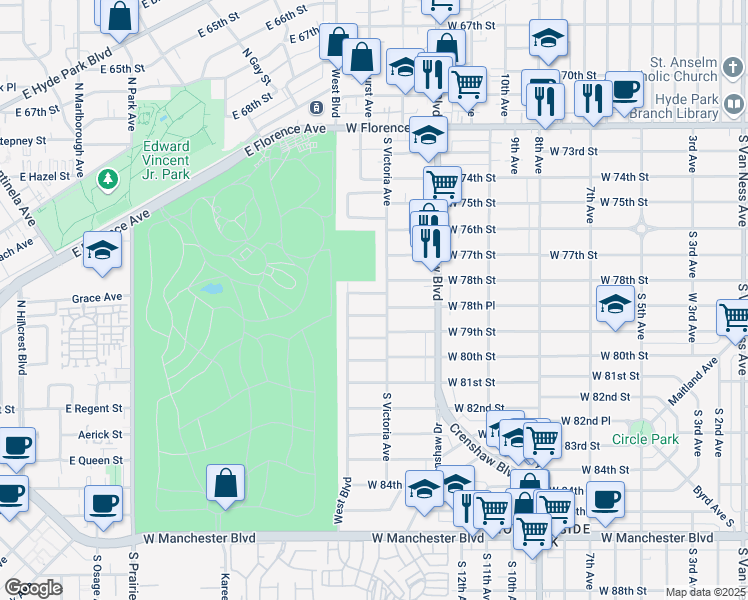 map of restaurants, bars, coffee shops, grocery stores, and more near 3505 West 78th Street in Inglewood