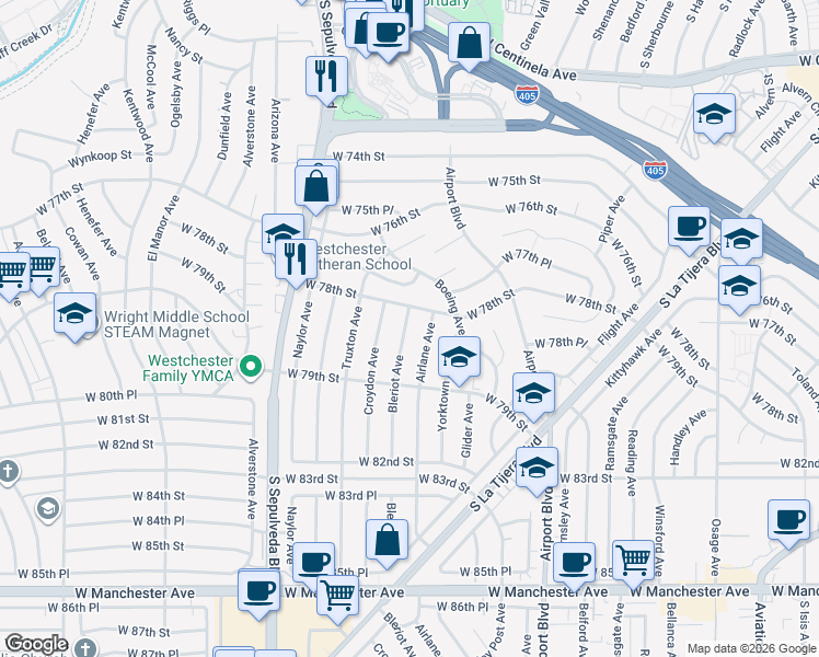 map of restaurants, bars, coffee shops, grocery stores, and more near 7802 Bleriot Avenue in Los Angeles