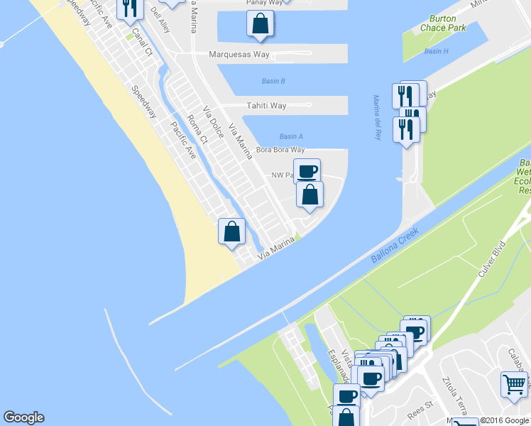 map of restaurants, bars, coffee shops, grocery stores, and more near 138 East Voyage Court in Marina del Rey