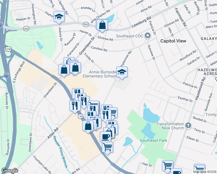 map of restaurants, bars, coffee shops, grocery stores, and more near 7301 Patterson Road in Columbia