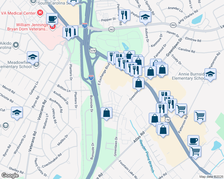map of restaurants, bars, coffee shops, grocery stores, and more near 7333 Garners Ferry Road in Columbia