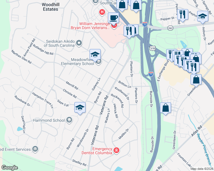 map of restaurants, bars, coffee shops, grocery stores, and more near 523 Byron Road in Columbia