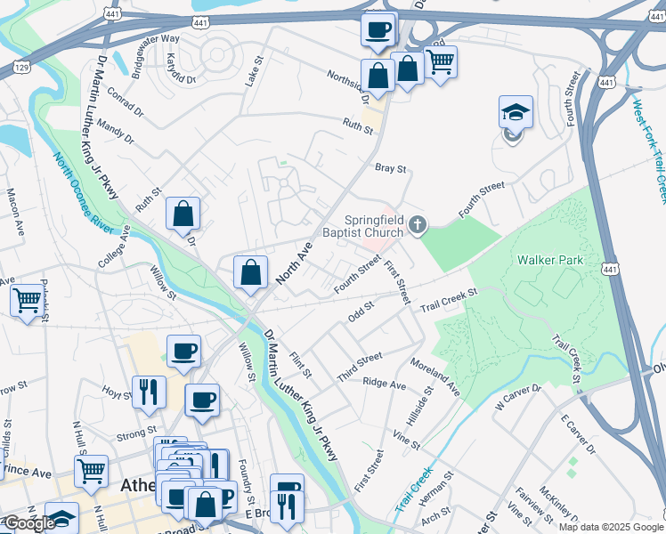 map of restaurants, bars, coffee shops, grocery stores, and more near 150 Berlin Street in Athens