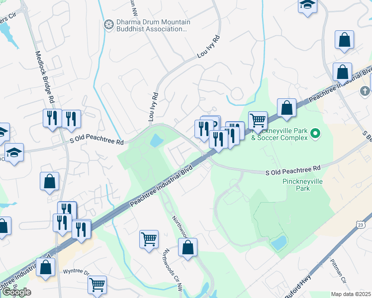 map of restaurants, bars, coffee shops, grocery stores, and more near 4979 Berkeley Oak Drive in Norcross
