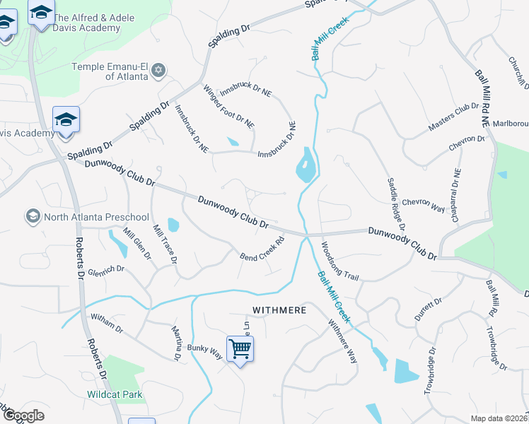 map of restaurants, bars, coffee shops, grocery stores, and more near 25 Ball Mill Place in Atlanta
