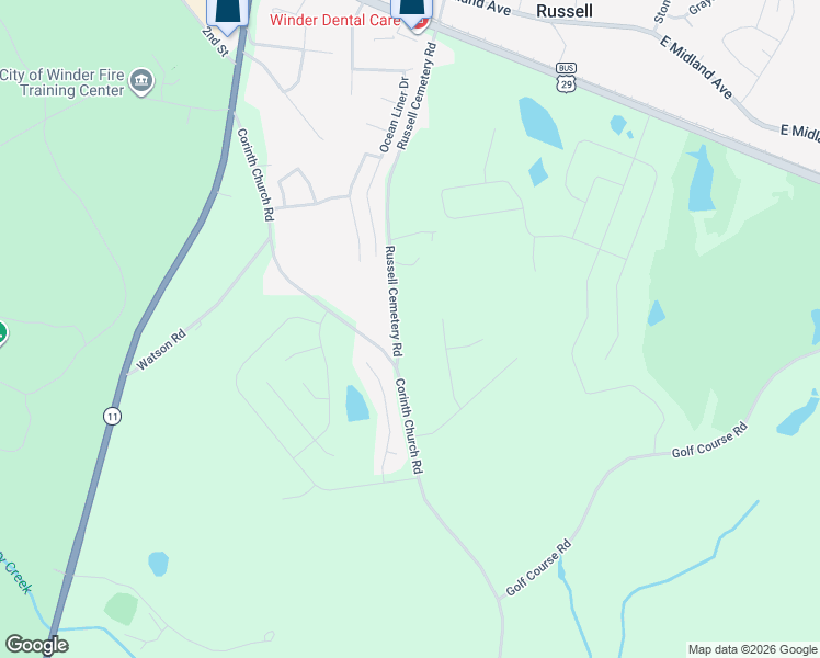 map of restaurants, bars, coffee shops, grocery stores, and more near 442 Russell Cemetery Road in Winder