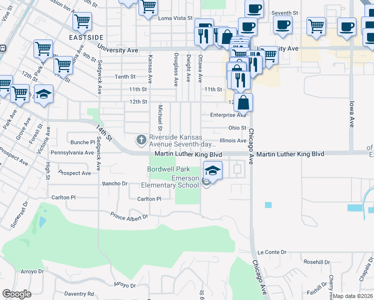 map of restaurants, bars, coffee shops, grocery stores, and more near 4485 Dwight Avenue in Riverside
