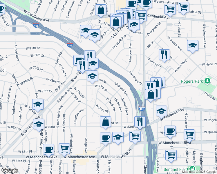 map of restaurants, bars, coffee shops, grocery stores, and more near 5442 West 76th Street in Los Angeles