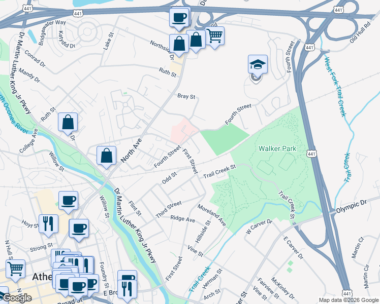 map of restaurants, bars, coffee shops, grocery stores, and more near 120 Bonnie Lane in Athens