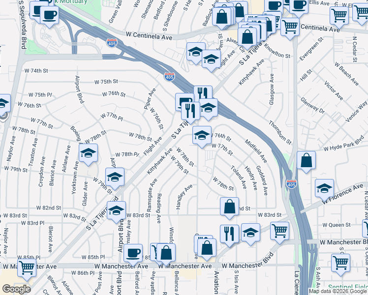 map of restaurants, bars, coffee shops, grocery stores, and more near 7638 Kittyhawk Avenue in Los Angeles