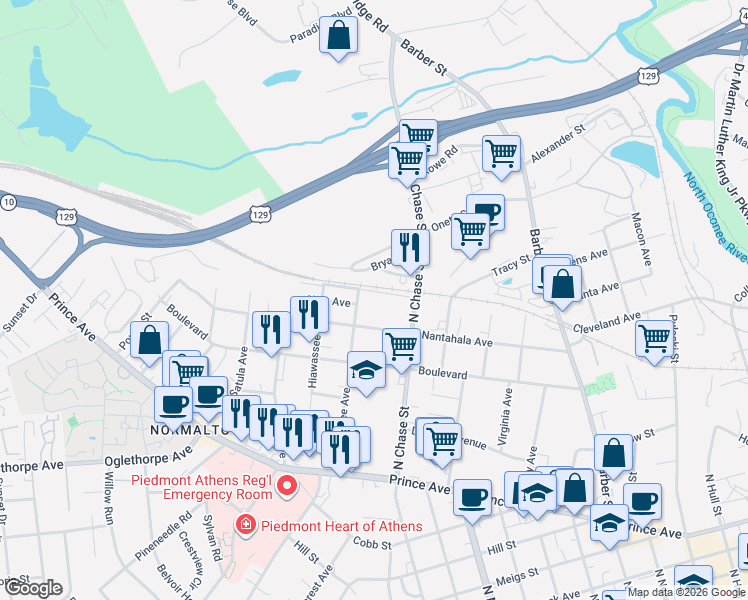 map of restaurants, bars, coffee shops, grocery stores, and more near 187 Chattooga Avenue in Athens