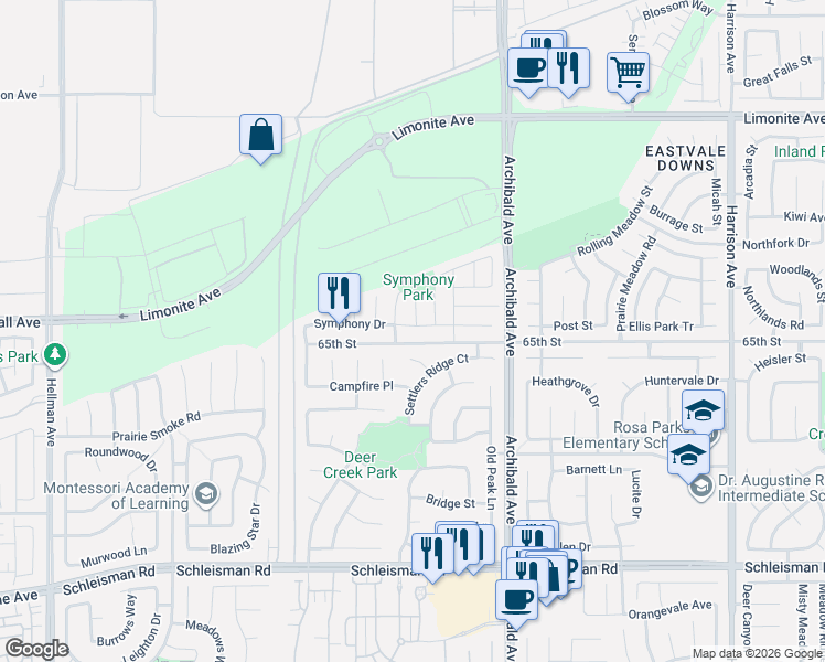 map of restaurants, bars, coffee shops, grocery stores, and more near 14434 Symphony Drive in Corona