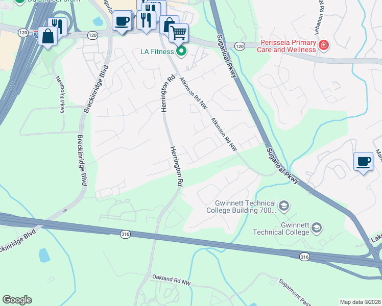 map of restaurants, bars, coffee shops, grocery stores, and more near 1652 Atkinson Park Circle Northwest in Lawrenceville