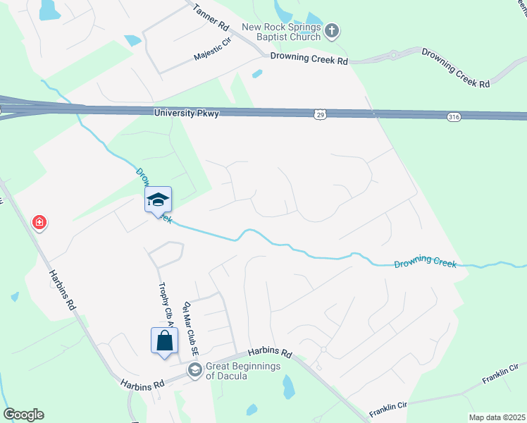 map of restaurants, bars, coffee shops, grocery stores, and more near 2791 Winky Bluff in Dacula