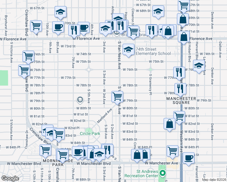 map of restaurants, bars, coffee shops, grocery stores, and more near 2216 West 78th Street in Inglewood