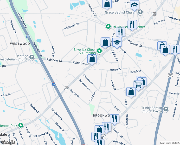 map of restaurants, bars, coffee shops, grocery stores, and more near 2325 Platt Springs Road in West Columbia