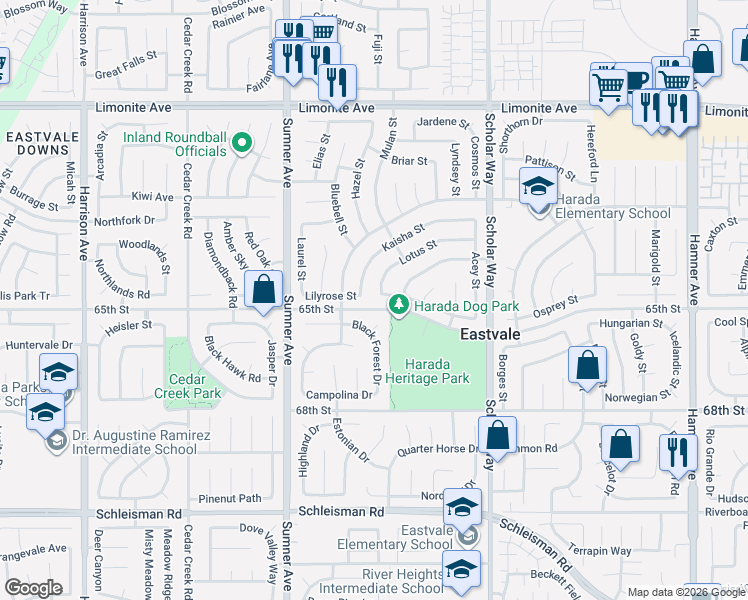map of restaurants, bars, coffee shops, grocery stores, and more near 6595 Lotus Street in Corona