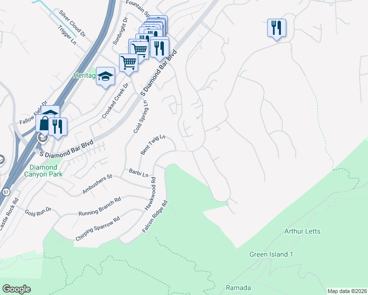 map of restaurants, bars, coffee shops, grocery stores, and more near 3015 La Paz Lane in Diamond Bar