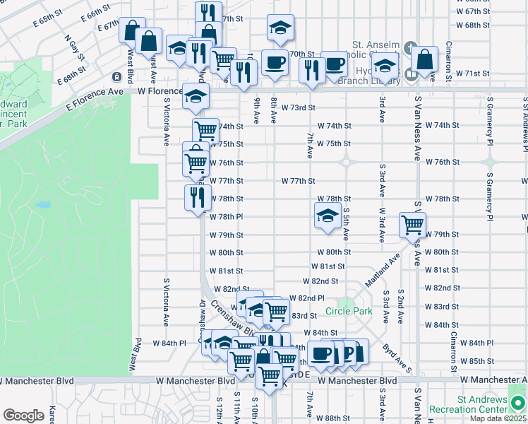 map of restaurants, bars, coffee shops, grocery stores, and more near 3124 West 78th Street in Los Angeles
